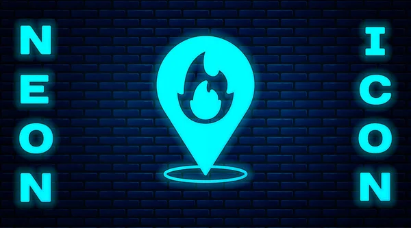 Zářící Neon Ukazatel Mapy Ikonou Požárního Plamene Izolovaný Pozadí Cihlové — Stockový vektor
