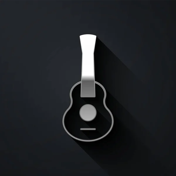 Silver Guitar Icoon Geïsoleerd Zwarte Achtergrond Akoestische Gitaar Strijkmuziekinstrument Lange — Stockvector