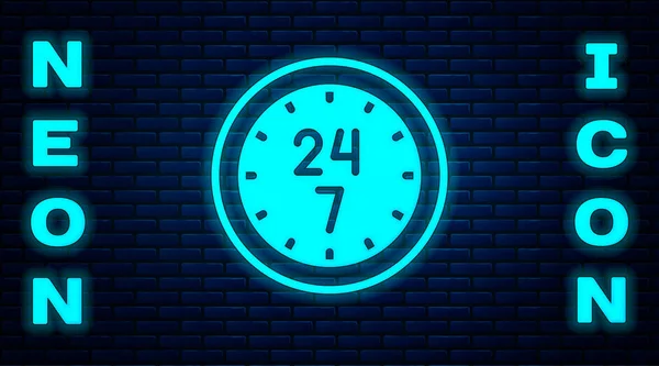 Glowing Neon Clock Hours Icon Isolated Brick Wall Background All — Stock Vector