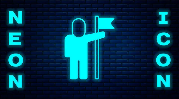 Glödande Neon Man Håller Flaggan Ikon Isolerad Tegel Vägg Bakgrund — Stock vektor