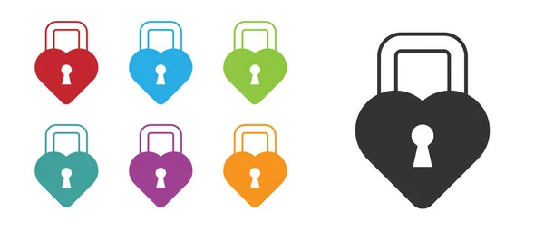 黑色城堡 心形图标 白色背景隔离 锁定的心脏 爱的象征和钥匙孔标志 情人节快乐 设置彩色图标 — 图库矢量图片