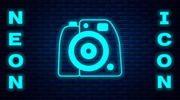 Leuchtende Neon Fotokamera Ikone Isoliert Auf Backsteinwand Hintergrund Fotokamera Digitale — Stockvektor