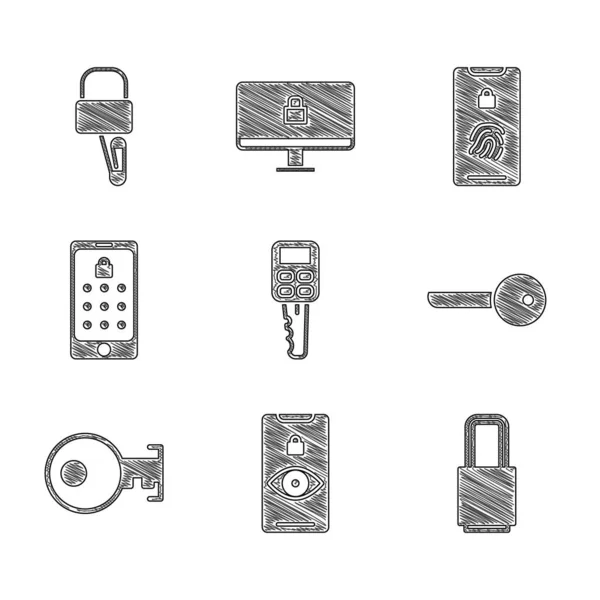 Set Car Key Remote Eye Scan Lock Key Mobile Graphic — Stock Vector