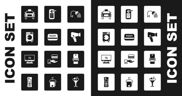 Set Duschkopf Hotelschlüsselkarte Waschmaschine Taxi Haartrockner Digitales Türschloss Toilettenschüssel Und — Stockvektor