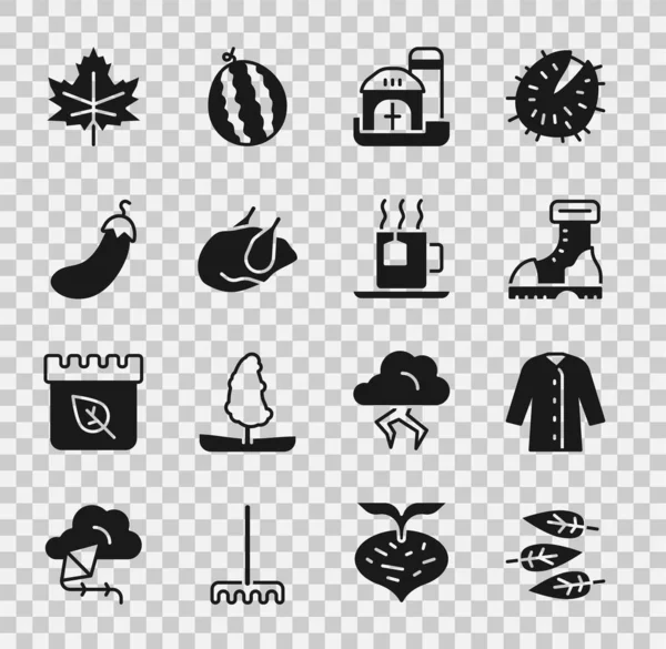 Yaprak ya da yaprak, yağmurluk, su geçirmez bot, çiftlik evi, kızarmış hindi tavuk, patlıcan ve çay poşeti ikonlu çay. Vektör