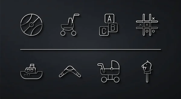 集篮球运动 玩具船 跆拳道游戏 婴儿车 马和Abc块图标为一体 — 图库矢量图片