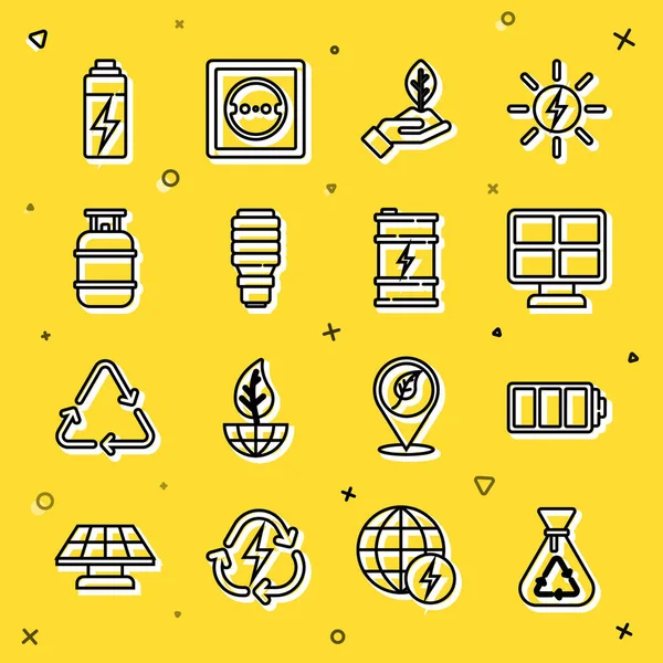 Çöp torbasını geri dönüşüm, batarya, güneş enerjisi paneli, fabrika, LED ampul, propan benzin deposu ve biyoyakıt varili ikonu ile ayarla. Vektör