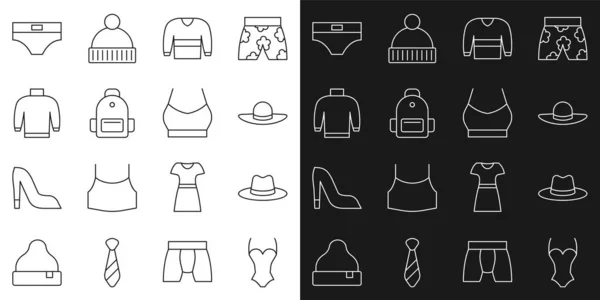 セットライン水着 男性の帽子 エレガントな女性 セーター スクールバックパック 男性パンツや女性の作物のトップアイコン ベクトル — ストックベクタ