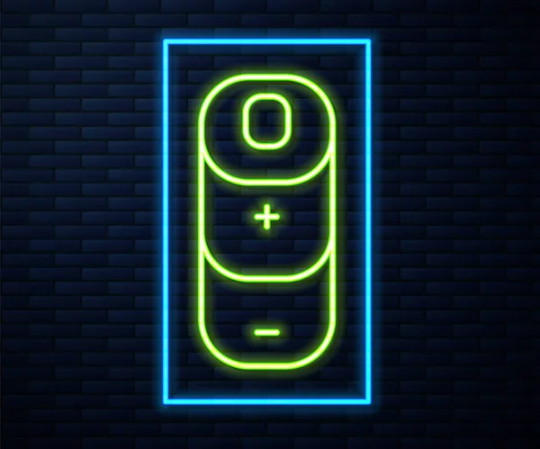 Gloeiende Neon Lijn Batterij Laadniveau Indicator Pictogram Geïsoleerd Baksteen Muur — Stockvector
