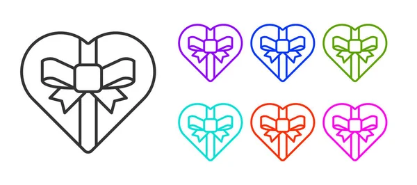 Μαύρη Γραμμή Candy Σχήμα Καρδιάς Κουτί Και Εικονίδιο Τόξο Απομονώνονται — Διανυσματικό Αρχείο