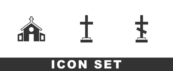 Ensemble Bâtiment Église Tombe Avec Croix Icône Vecteur — Image vectorielle