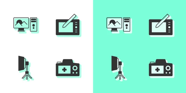 Set Photo Camera Retouching Softbox Light Graphic Tablet Icon Vector — Stock Vector