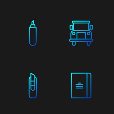 Çizgi çizgisi Spiral defter, kırtasiye bıçağı, kalem ve okul otobüsü. Renk simgeleri. Vektör