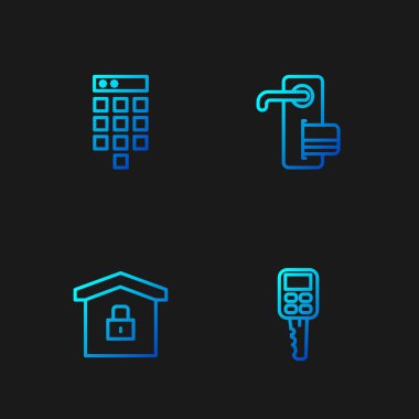 Hat anahtarı uzaktan kumandalı, ev koruma altında, şifre ve dijital kapı kilidi var. Renk simgeleri. Vektör