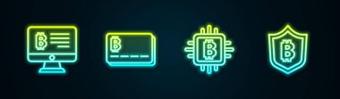 Monitörden madencilik bitcoin, kredi kartı, CPU madencilik çiftliği ve kalkanları ayarla. Parlayan neon ikonu. Vektör