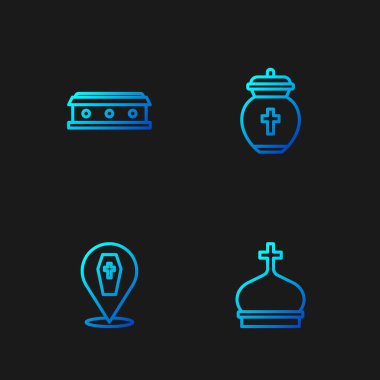 Hat kilise kulesi, haçlı tabut ve cenaze vazosu. Renk simgeleri. Vektör