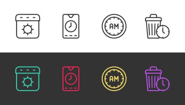 Takvim yazını ayarla, Alarm saat uygulaması mobil, Sabah Saati ve Siyah ve Beyaz 'ın israfı. Vektör