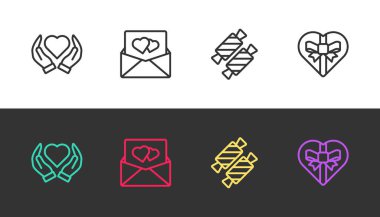 Kalbi elinde tut, Zarfı sevgililer günü kalbiyle, şekeri ve şekilli kutuyu siyah beyaza çevir. Vektör