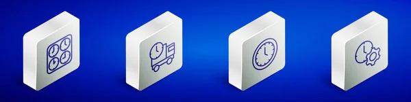 Impostare Linea Isometrica Orologi Fuso Orario Camion Consegna Ora Orologio — Vettoriale Stock