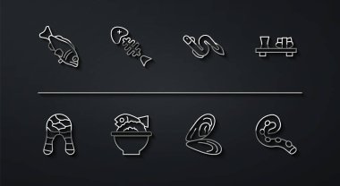 Balık, biftek, kesme tahtasında suşi, midye, akvaryum, iskelet, dokunaçlı ahtapot ve yılan balığı ikonu. Vektör