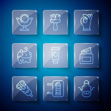 Elektrikli tıraş bıçağı, berber direği, önlük, tıbbi lastik eldivenler, krem kozmetik tüpü köpüklü sabun, yuvarlak makyaj aynası ve kavanoz ikonu. Vektör