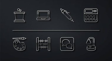 Safha standı, palet, hesap makinesi, konuşma balonu sohbeti, abaküs, dizüstü bilgisayar, masa lambası ve kalem simgesi ile boya fırçası. Vektör