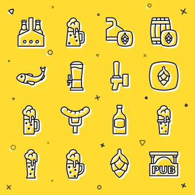 Bar, bir bardak bira, bira, bira demleme, tap, kurutulmuş balık, paket şişeleri ve ikon tabelaları. Vektör