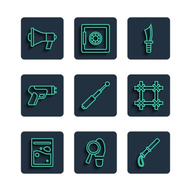 Plastik torba dolusu uyuşturucu, ayak sesleri, polis lastik copu, askeri bıçak, teleskobik, elektrik şoku, megafon ve cezaevi pencere ikonu. Vektör