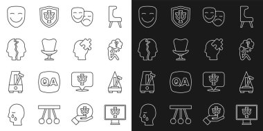 Çevrimiçi psikolog, sarkacı olan Metronom, soru işareti, komedi ve trajedi maskeleri, Kol Sandalyesi, Bipolar Bozukluğu, sorun ikonuna tiyatro ve çözüm. Vektör