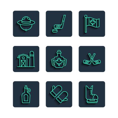 Şişe akçaağaç şurubu, Noel eldiveni, patenler, bayrak Kanada, çiftlik evi, Kanadalı korucu şapkası ve buz hokeyi sopası ikonu. Vektör