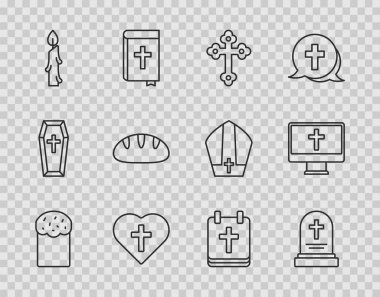 Paskalya pastası, mezar taşı, Hıristiyan haçı, kalpte yanan mum, ekmek, takvim ve monitör ikonu. Vektör