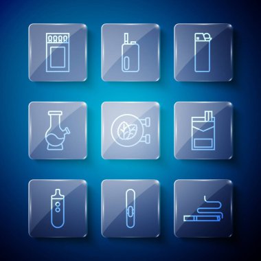 Elektronik sigara, Puro, Sigara, Çakmak, Tütün Yaprak Dükkanı, Bong, Kibrit kutusu ve Sigara Paketi ikonu. Vektör