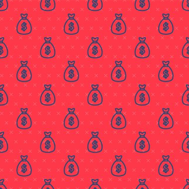 Mavi çizgi Para Çantası simgesi kırmızı arkaplanda izole edilmiş kusursuz desen. Dolar ya da USD sembolü. Nakit bankacılık tabelası. Vektör.