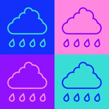Arkaplanda yağmur ikonu olan pop sanat çizgisi bulutu. Yağmur damlaları ile yağmur bulutu yağışı. Vektör