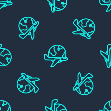 Uçan uçak ikonuna sahip yeşil çizgi Globe mavi arka planda izole edilmiş pürüzsüz desen. Uçak Dünya 'nın etrafında uçuyor. Uçak dünyası ikonu. Vektör