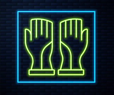 Parlayan neon hattı itfaiyeci eldiveni ikonu tuğla duvar arkasında izole edildi. Eldiven ikonunu koru. Vektör