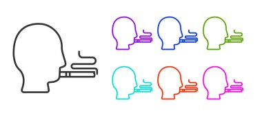 Siyah Çizgili Adam beyaz arka planda izole edilmiş sigara ikonu içiyor. Tütün tabelası. Simgeleri renklendirin. Vektör