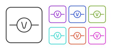 Siyah çizgi Voltmetre elektronik bileşen simgesi beyaz arkaplanda izole edildi. Eğitim için elektrik fiziği şeması. Simgeleri renklendirin. Vektör