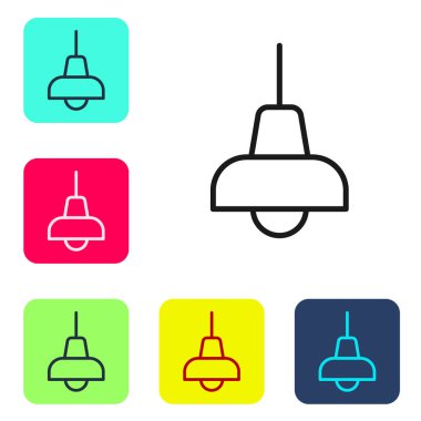 Black line Lamp hanging icon isolated on white background. Ceiling lamp light bulb. Set icons in color square buttons. Vector