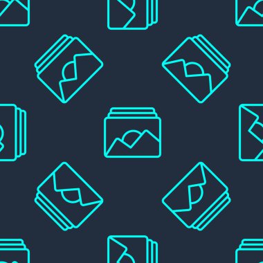 Yeşil çizgi Resim çerçeve simgesi mavi arkaplandaki kusursuz deseni izole etti. Vintage boş fotoğraf çerçevesi. Vektör