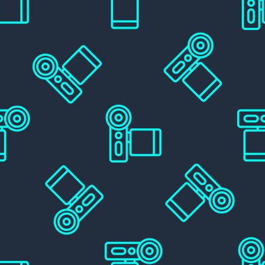 Yeşil çizgi kamera ikonu mavi arkaplanda kusursuz desen izole etti. Video kamera. Film tabelası. Film projektörü. Vektör