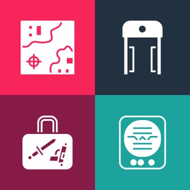 Pop sanat tutum göstergesini, bavulu, metal dedektörü havaalanını ve dünya seyahat haritası simgesini ayarla. Vektör.