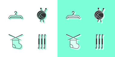 Tığ işi kanca, elbise askısı örgü iğneleri ve örgü ikonlu iplik topu. Vektör