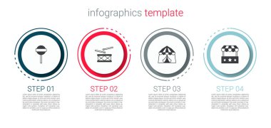 Lolipop, bagetli davul, sirk çadırı ve bilet gişesi. Ticari bilgi şablonu. Vektör