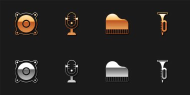 Stereo hoparlörü, mikrofon, Grand piano ve Trompet ikonunu ayarla. Vektör