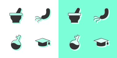 Mezuniyet şapkası, havan topu ve tokmak, test tüpü ve bakteri simgesi. Vektör