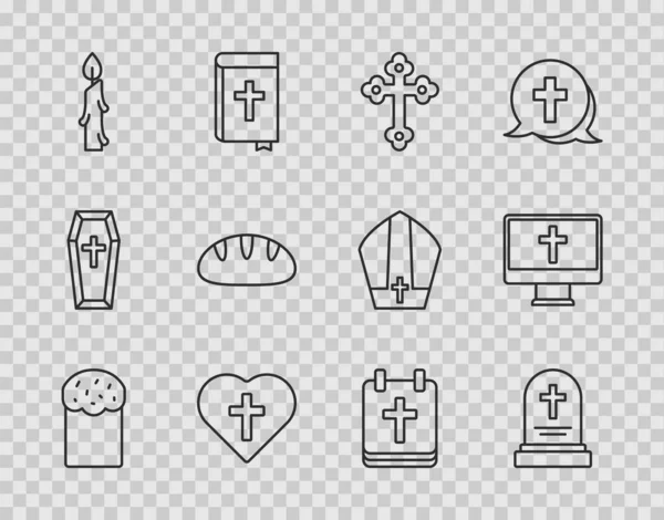 Установить Линию Пасхальный Торт Могила Надгробием Христианский Крест Сердце Горящая — стоковый вектор