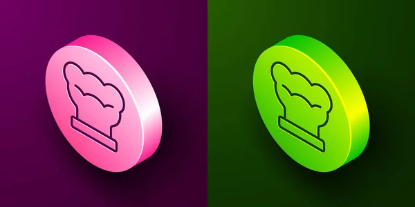等距直线厨师帽图标隔离在紫色和绿色背景 烹饪符号 厨师的帽子 圆形按钮 — 图库矢量图片