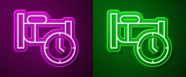 Сяюча Неонова Лінія Час Спати Іконка Ізольована Фіолетовому Зеленому Тлі — стоковий вектор