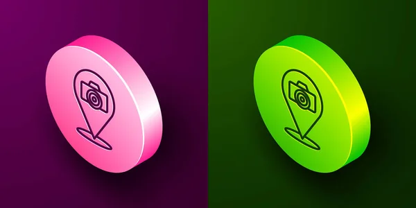 等距线摄影相机图标隔离在紫色和绿色背景 脚踏相机 数字摄影 圆形按钮 — 图库矢量图片